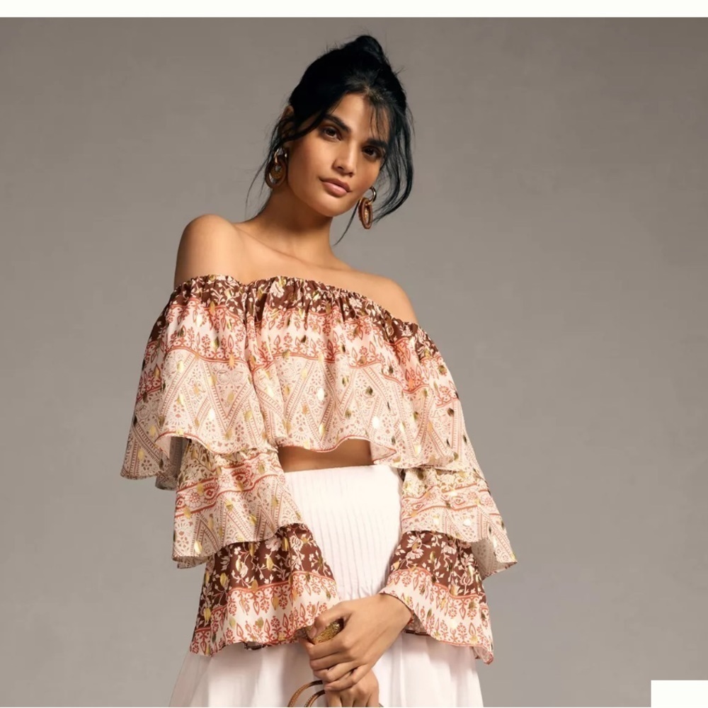 Anthropologie Off-Shoulder Ruffled Crop Top in Cream and Brown